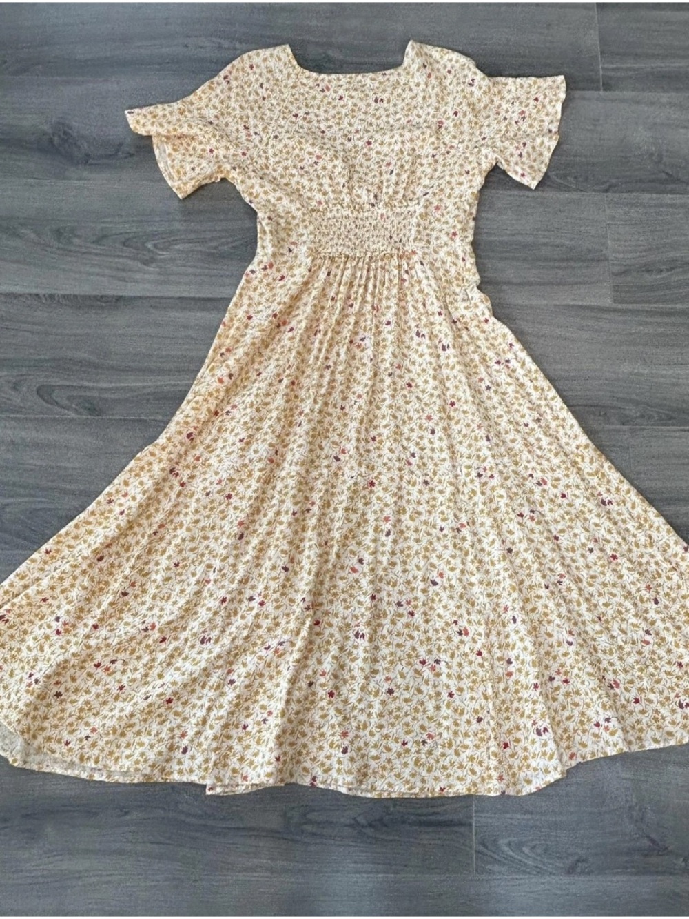 Free People In Full Bloom Midi Dress Goldenrod Ivory Floral Smocked Boho Women S - Picture 6 of 16